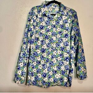 All Hours Floral Button-Up Shirt in Blue, White & Green. Poly/Cotton Blend. XL